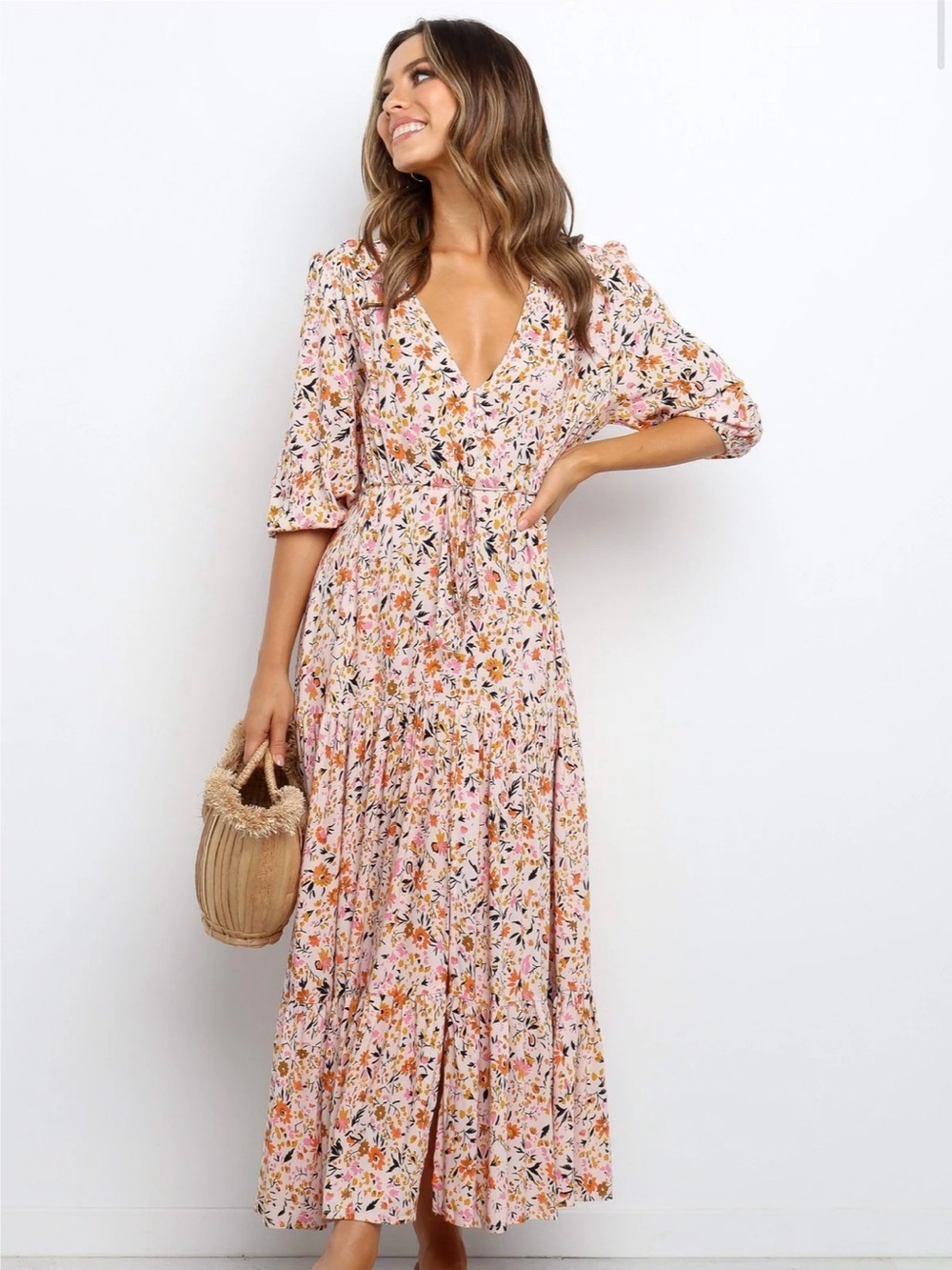 Petal & Pup Pink Floral Tiered Maxi Dress Size L